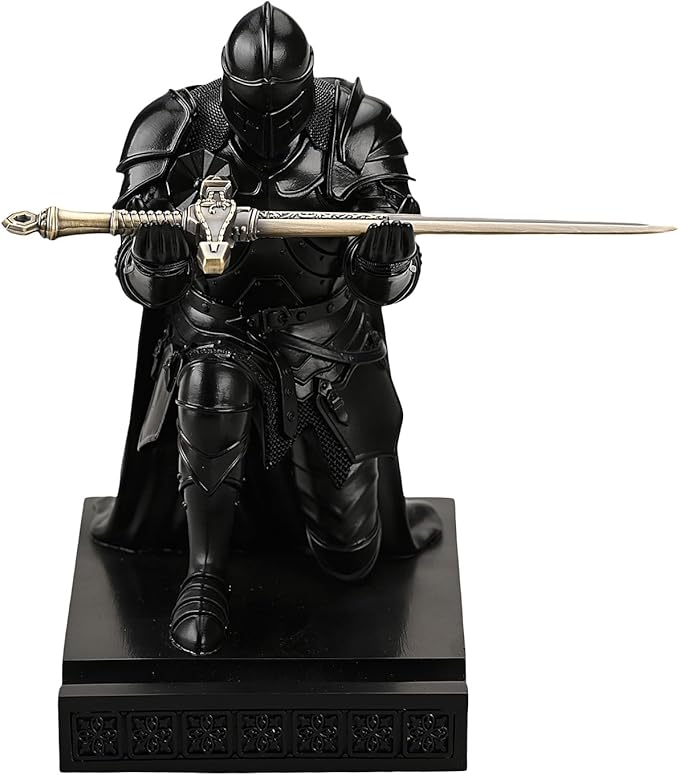 Amoysanli Medieval Armored Warrior Wearing Outerwear, Mobile Phone Stand Knight Pen Holder Desk Organizers, Resin Bookends Paperweight with a Letter Opener for Desk (Black)