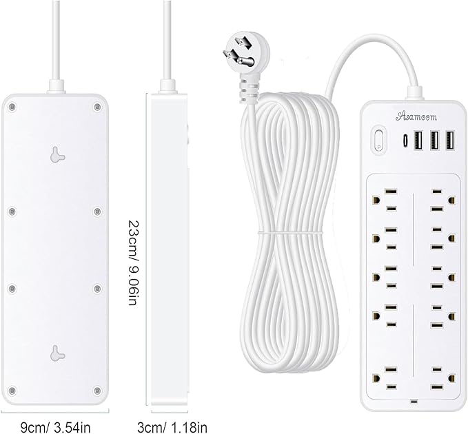 15 FT Power Strips with Surge Protection 1625W/13A,10 Outlets with 4 USB Ports (1 USB C) Long Extension Cord with Multiple Outlets 16Awag 1700J Flat Plug Power Strip Protector White,ETL Listed