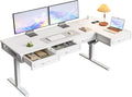 OffiGo L Shaped Electric Standing Desk with Wooden Drawers, 63 Inch Height Adjustable Corner Workstation with Power Outlets, Sit Stand Table for Home, Office, White