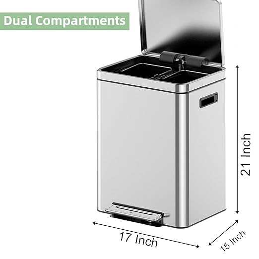 Kitchen Trash Can, 2 x 4.75 Gal (2 x 18L) Dual Trash Can with Recycle Bin, Stainless Steel Garbage Can, Fingerprint-Resistant Soft-Close Dual Recycling Bins for Kitchen