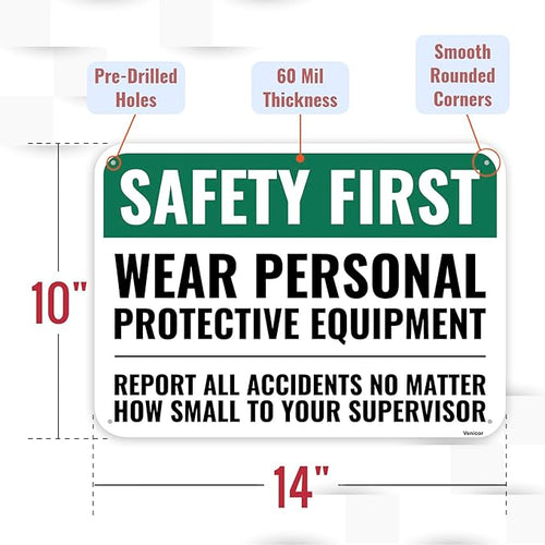 1PC Safety Sign, 14 x 10 Inches - Aluminum - Safety Decorations Posters For Workplace - Wear Personal Protective Equipment