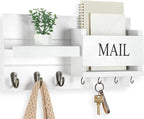 Lwenki Mail Organizer for Wall Mount – Key Holder with Shelf Includes Letter Holder and Hooks for Hallway Farmhouse Decor – Rustic Wood with Flush Mounting Hardware (16.5” x 9.1” x 3.4”) (White)