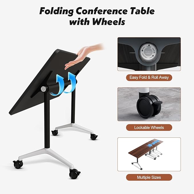 Goakwwuz Conference Room Table, Folding Conference Tables,Thicken Grey Tabletop,Flip Top Wooden Seminar Meeting Room Table for Conference Room Offices (8, Walnut, 70.8”)