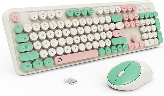 Keyboard and Mouse Wireless,2.4Ghz Retro Typewriter Style Round Keycap,Full Size Wireless Keyboard Mouse Combo,Cute Cordless Keyboard Mouse Set for PC Laptop Desktop Computer-Milk White Green Colorful