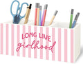 URLLUAE Pink Preppy Long Live Girlhood Wooden Pen Pencil Holder for Desk Accessories, Preppy Girly Desk Decor, Feminine Aesthetic Makeup Brush Toothbrush Holder Organizer for Girls Room Bathroom