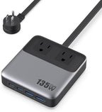 6-in-1 Charging Station USB C Power Strip with 5ft Cord and Plug,135W GaN-IV USB C Charger Block,2 AC Outlets,2 USB-A,2 USB-C for MacBook,iPhone 16/15/14,Fast Charging Desktop Charger for Office,Home