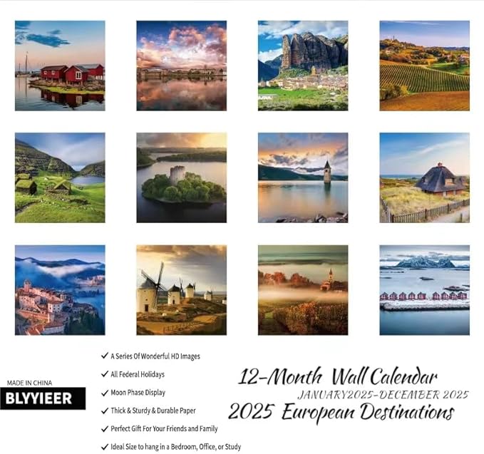 2025 Wall Calendar, European Destinations Wall Calendars,2025 Monthly Calendars,Take a Tour of Europe, Thick Glossy Paper, Organizing & Planning
