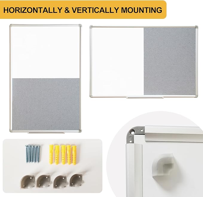 DEVELOP Large Grey Felt Bulletin & Magnetic Dry Erase Combo Board, 72 x 36 Inch Hanging Whiteboard/Grey Felt Bulletin Combination Board with Marker Tray, Pins, Eraser, Markers & Magnets