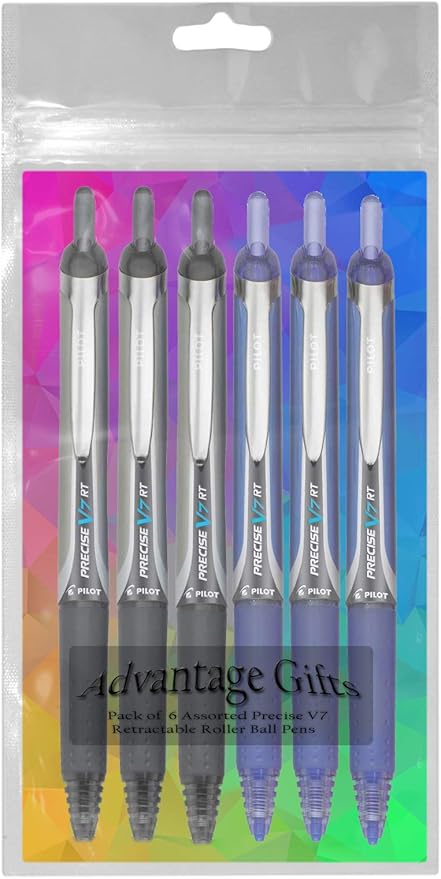 Precise V7 RT Retractable Rolling Ball Pens, Fine Point (.7mm), Assorted Colors, Black/Blue Ink, 6-pk; Premium Comfort Grip, Bundle with Plastic Reusable Pouch