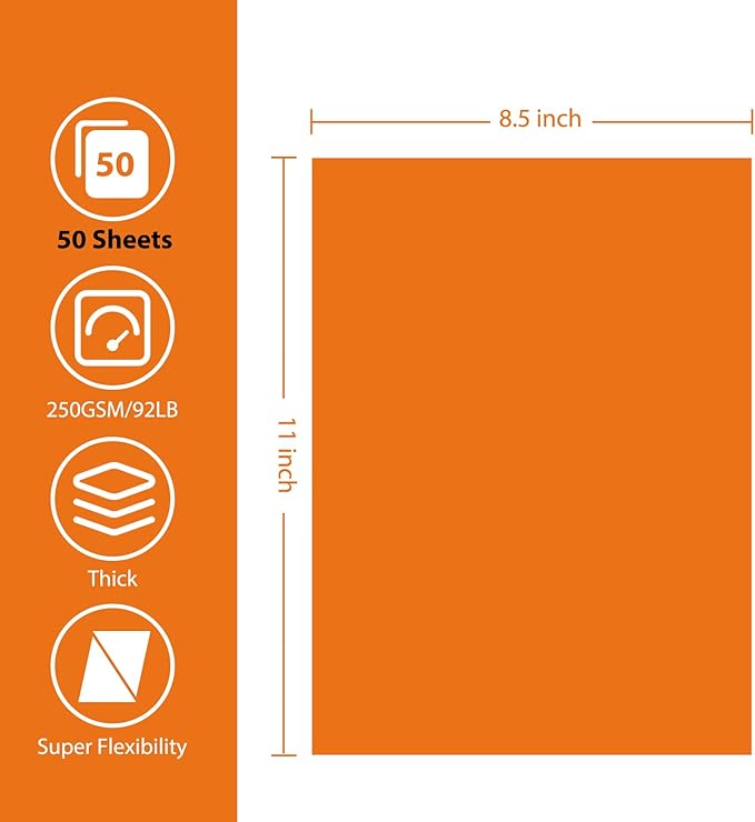 OcePor 50 Sheets Orange Cardstock Paper, Colored Printer Paper 8.5 x 11, Thick Construction for Cards Making, Scrapbook，Office Printing, Invitations, Certificates，DIY Crafting 92 lb/250gsm