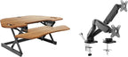 Rocelco 46" Height Adjustable Corner Standing Desk Converter with Dual Monitor Arm Mount Bundle - Sit Stand Up Tabletop Computer Workstation Riser - Extra Large Keyboard Tray - Teak (R CADRT-46-MA2)