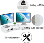 TEAMIX White Dual Monitor Stand Riser with Drawer - Length and Angle Adjustable Double Corner Desk Shelf Organizer 37 inch Long for 2 Laptop/PC/Screen/TV