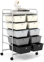 GOFLAME 10-Drawer Rolling Storage Cart, Art Craft Storage Organizer on Wheels, Multipurpose Movable Utility Cart for School, Office and Home, Grey Gradient