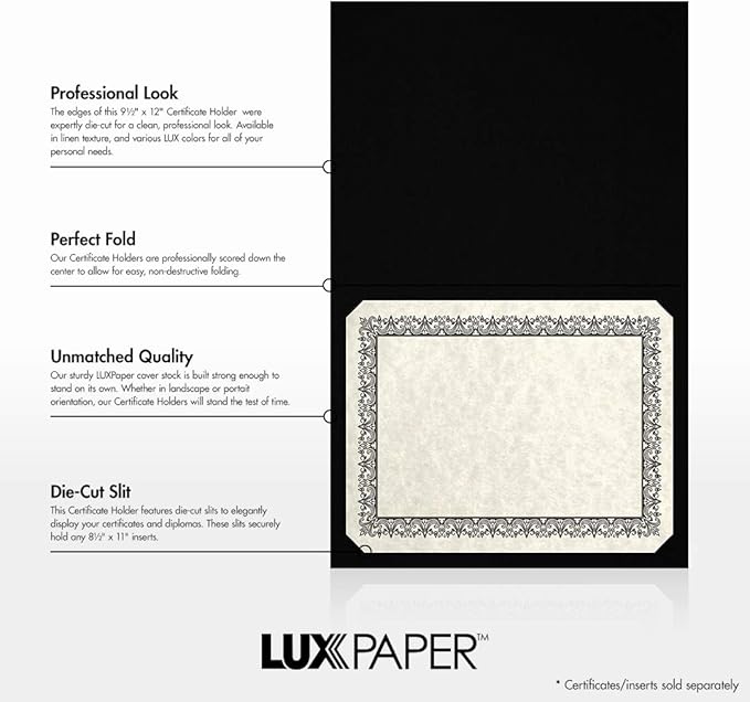 LUXPaper 9.5" x 12" Certificate Holders | Black Linen | Embossed Silver Foil Floral Border | 100lb. Cover | 25 Qty