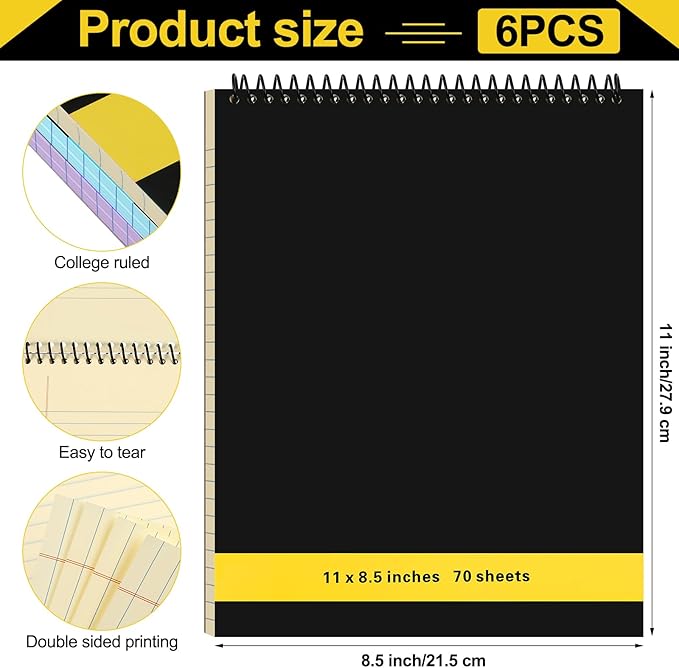 6 Pcs Legal Pad Top Spiral Bound Notebook 70 Sheets Wirebound Notepad Double Sided Ruled Memo Steno Book with Stiff Back Cover for Business(8.5 x 11 Inches,No Holes,6 Colors)