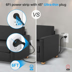 2 Pack Ultra Flat Plug Power Strip,Power Strips with Surge Protection-4 Widely Outlets,6 ft Flat Plug Extension Cord with 3 USB Ports(1 USB C Port),Slim Desk Charging Station,Black
