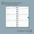 POPRUN 2026 Pocket Planner (Slim Size 3.5" x 6.5") Weekly and Monthly Calendar for Purse, with Hourly Time Slots, 100GSM Thick Paper, Spiral Soft Cover, Pen Holder - Pacific Green