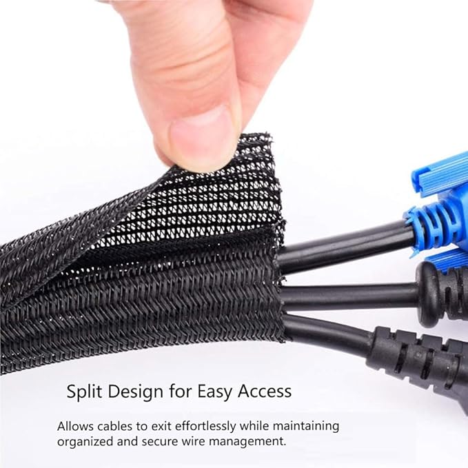 QCSIW 3/8" 50ft Braided Cable Sleeve Split Wire Loom Tubing – Expandable Cord Protector for USB, Power Cords, Audio/Video Cables – Cat Chew Proof, Durable Wire Management Sleeving (Black)