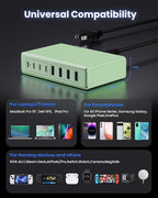 200W USB C Charger Block,GaN IV Charging Station 8 Ports,QC4.0 Fast Charging Station Hub+PD 65W USB C Laptop Charger Adapter Compatible with MacBook Air/Pro,DELL,iPhone 17/16/15,iPad,Steam Deck-Green
