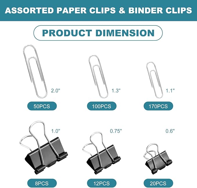 360 Pcs Binders & Paperclips Assorted Sizes with Container, Silver Paper Clips & Black Binder Clips Office Supplies, Paper Clamps for Office, Home, School