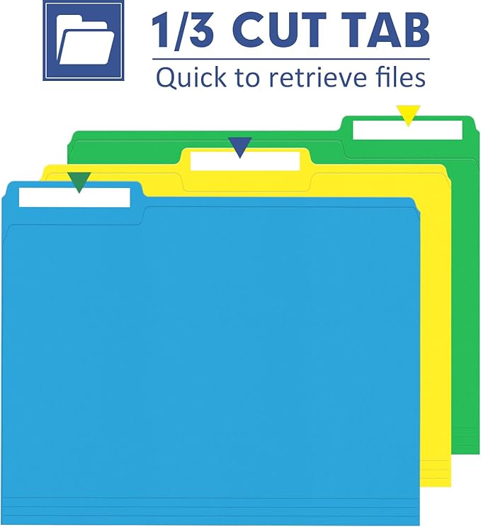 File Folder, PANDRI 220 Pack Colored File Folder, 1/3 Cut Tabs, Letter Size, Assorted 6 Colors Filing Folder for Office School Business