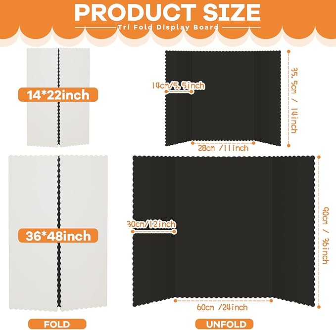 Henoyso 12 Pcs 14 x 22 Inch Black Trifold Poster Board Large Tri Fold Presentation White Display Board Foldable Paperboard for Science Fair School Business Project Exhibition