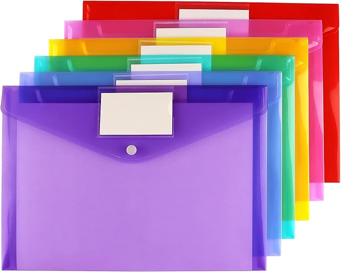 6 Pack Clear Document Folders Plastic Envelopes Poly Envelopes File Envelopes with Label Pocket and Snap Button for Home Work Office Organization, Letter Size/A4 Size, 6 Colors