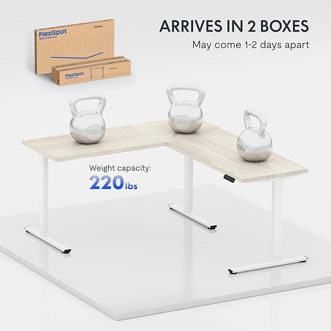 FLEXISPOT L Shaped Standing Desk, 63 x 47 Inch Electric Height Adjustable Corner Desk, Sit Stand Computer Workstation, Preset Controller, Home Office, White Frame with Maple Top, White Drawer
