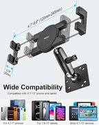 Small Tablet Wall Mount iPad Holder, Metal 360° Adjustable Stand, Multiple Hole Position, Alloy Base and Joint Arm, for iPad Pro Air Mini, Galaxy Tabs, Z Fold, Fire HD, Surface, iPhone, 4-13" Devices