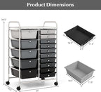DORTALA 15-Drawer Rolling Storage Cart with Drawers, Rolling Utility Cart w/Removable Drawers & Universal Wheels, Tools Scrapbook Paper Organizer for School, Office, Home, Classroom (Gradient Black)