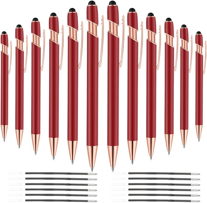 12 PCS 2 in 1 Stylus Ballpoint Pen with Stylus Tip, 1.0 mm Black Ink Metal Pen Stylus Pen for Touch Screens (Rose Gold & Red)