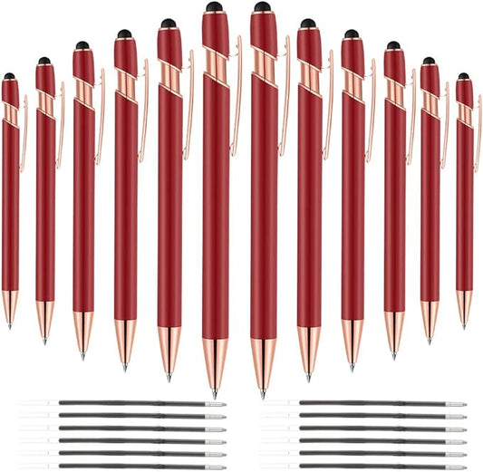 12 PCS 2 in 1 Stylus Ballpoint Pen with Stylus Tip, 1.0 mm Black Ink Metal Pen Stylus Pen for Touch Screens (Rose Gold & Red)