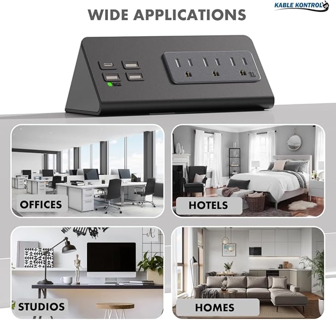 Kable Kontrol Desk Clamp Power Strip with USB-C Port, Nightstand Charging Station, 3 AC Outlets, 3 USB-A Ports, Fast Charger, Easy Installation for Home, Offices, Hotels – 4.9 Ft, Black, 5 Pcs