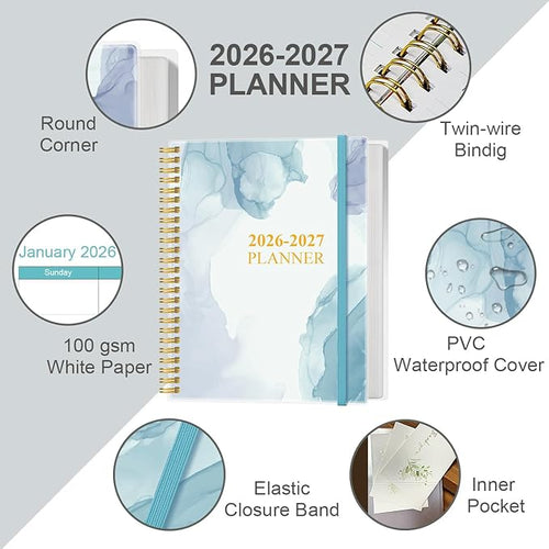 2026-2027 Planner - 18 Months Weekly & Monthly Planner from January 2026 - June 2027, Planners 2026-2027 with Elastic Closure, Inner Pocket, 8.5" x 11", Blue WaterColor