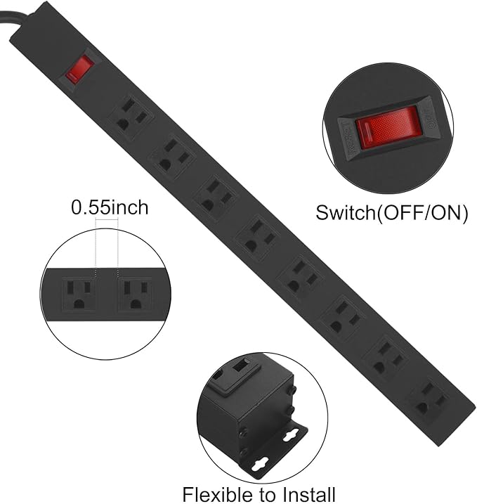 2Pack Metal 8 Outlet Mountable Power Strip, Wall Mount Outlet Heavy Duty, Wide Spaced Commercial Shop Power Strip with Switch, 3 FT SJT 14AWG Power Cord.