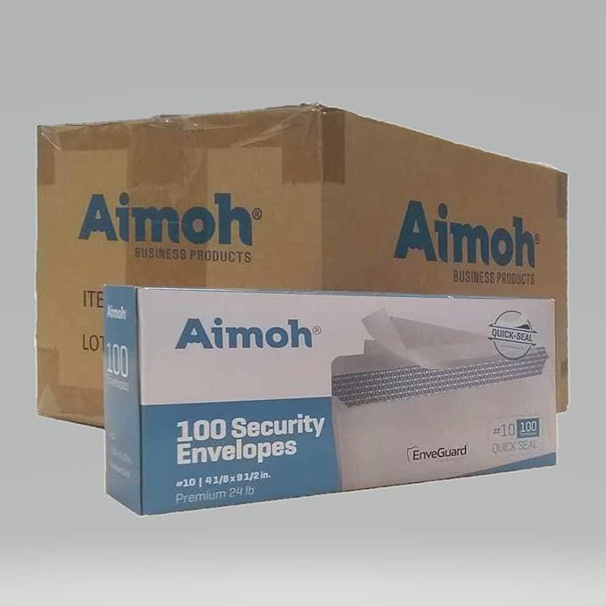 Aimoh #10 Security Tinted Self-Seal Envelopes - No Window - EnveGuard, Size 4-1/8 X 9-1/2 Inches - White - 24 LB - 1 Case - 12 Packs - 1,200 Envelopes (34100-CS)