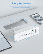 Recessed Power Strip with Retractable USB C Cable,2 PD 20W USB C,Flush Mount Countertop Drawer Outlet, Furniture Hidden Outlet for Side Table,End Table,3 Outlets (White, 6FT-20W USB)