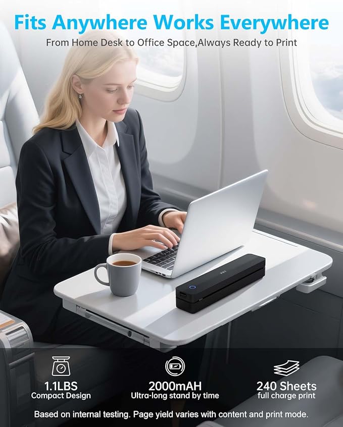 Inkless Portable Printer for Travel, Wireless Thermal Printer Support 8.5 x 11 Inch US Letter A4 B5, Bluetooth Mobile Printers with iOS, Android, Laptop for Home Use, Car, Office, School, Black