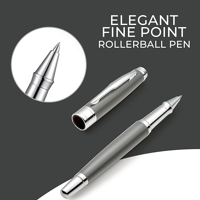 ZenZoi Elegant Pen – Grey Executive Rollerball Pen. Smooth Writing Fine Point Roller Gel Ink. Fancy, Luxury Pen for Men or Women. Quality, Business, High End Pen Gift Set