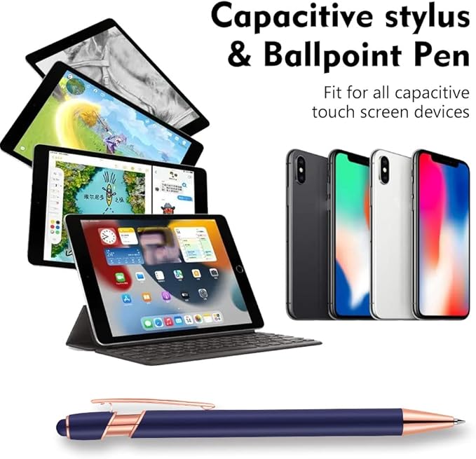 12 PCS 2 in 1 Stylus Ballpoint Pen with Stylus Tip, 1.0 mm Black Ink Metal Pen Stylus Pen for Touch Screens (Rose Gold & Black)