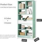IOTXY Wooden Open Shelf Bookcase - 61 Inches Height Freestanding Display Storage Cabinet Organizer with 8 Cubes and a Drawer, Floor Standing Bookshelf in Tiffany-Green