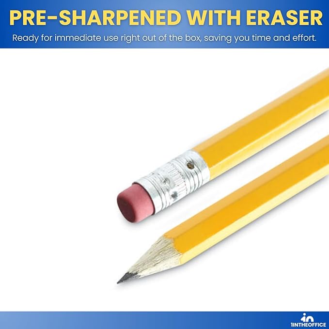 1InTheOffice Pre Sharpened Pencils #2, Pencils with Eraser, 2 HB, Wood-Cased, Black Lead, Yellow Barrel (144)