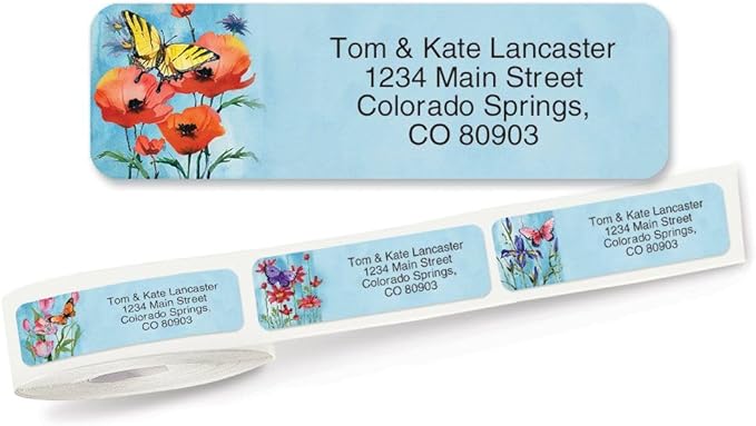 Colorful Images Floral Wings Rolled Personalized Return Address Mailing Labels with Dispenser, 5 Designs, Set of 250, Small ¾ x 2½ Inch Size, Custom Self-Adhesive Sticker Roll