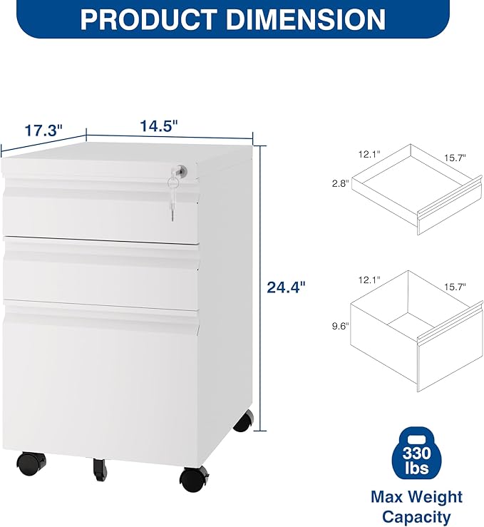 3 Drawer Mobile Metal File Cabinet, White Filling Cabinets with Lock, Pre-Built Office Storage File Cabinet with Wheels Under Desk - Assembled Required
