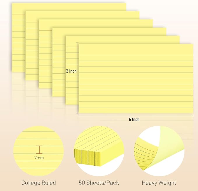 300 Count Index Cards 3 x 5 Inch Ruled Yellow Index Cards, Flash Cards College Ruled for School, College, Office and Home Organization, Durable Study To Do List Note Cards with Ruled Lines
