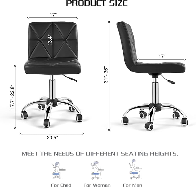 COSVALVE Armless Desk Chair, Mid Back 360 Degree Swivel Office Chair, Height Adjustable Executive Conference Task Chair with Rolling Wheels and Diamond Pattern, for Home Computer Barber, Black