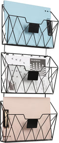 YBING Hanging Wall File Organizer Wall File Holder 3 Pockets Wall-Mounted File Rack with Hooks Wall-Mounted Paper Organizer Metal Hanging Storage for Office Living Room, Black (3 Pack - Black)
