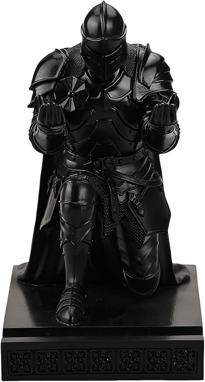 Amoysanli Medieval Armored Warrior Wearing Outerwear, Mobile Phone Stand Knight Pen Holder Desk Organizers, Resin Bookends Paperweight with a Letter Opener for Desk (Black)