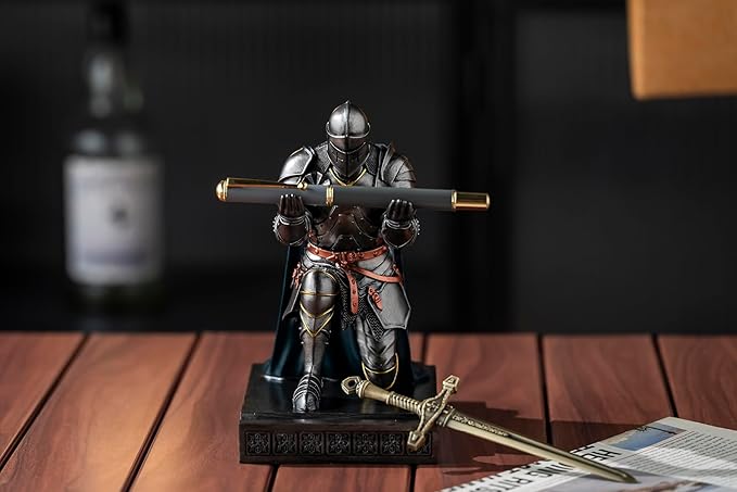 Amoysanli Medieval Armored Warrior Wearing Outerwear, Mobile Phone Stand Knight Pen Holder Desk Organizers, Resin Bookends Paperweight with a Letter Opener for Desk (Iron&Green)