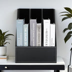 KINGFOM Desktop Wooden Leatherette Magazine File Holder-Organizer-3 Compartment Stand Rack-Papers Storage Box (black)